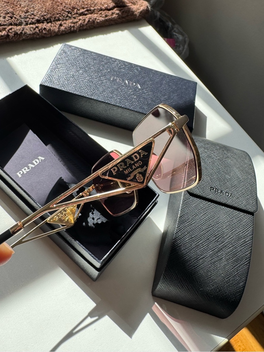 Prada Gold Metal Sunglasses with Rose Pink Lenses and Triangle Logo Detail - Picture 2 of 6